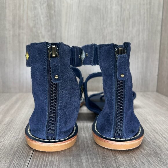 Soludos Embroidered Three Banded Flat Sandals Womens 8 Ankle Zip Suede Navy Blue - Picture 5 of 10